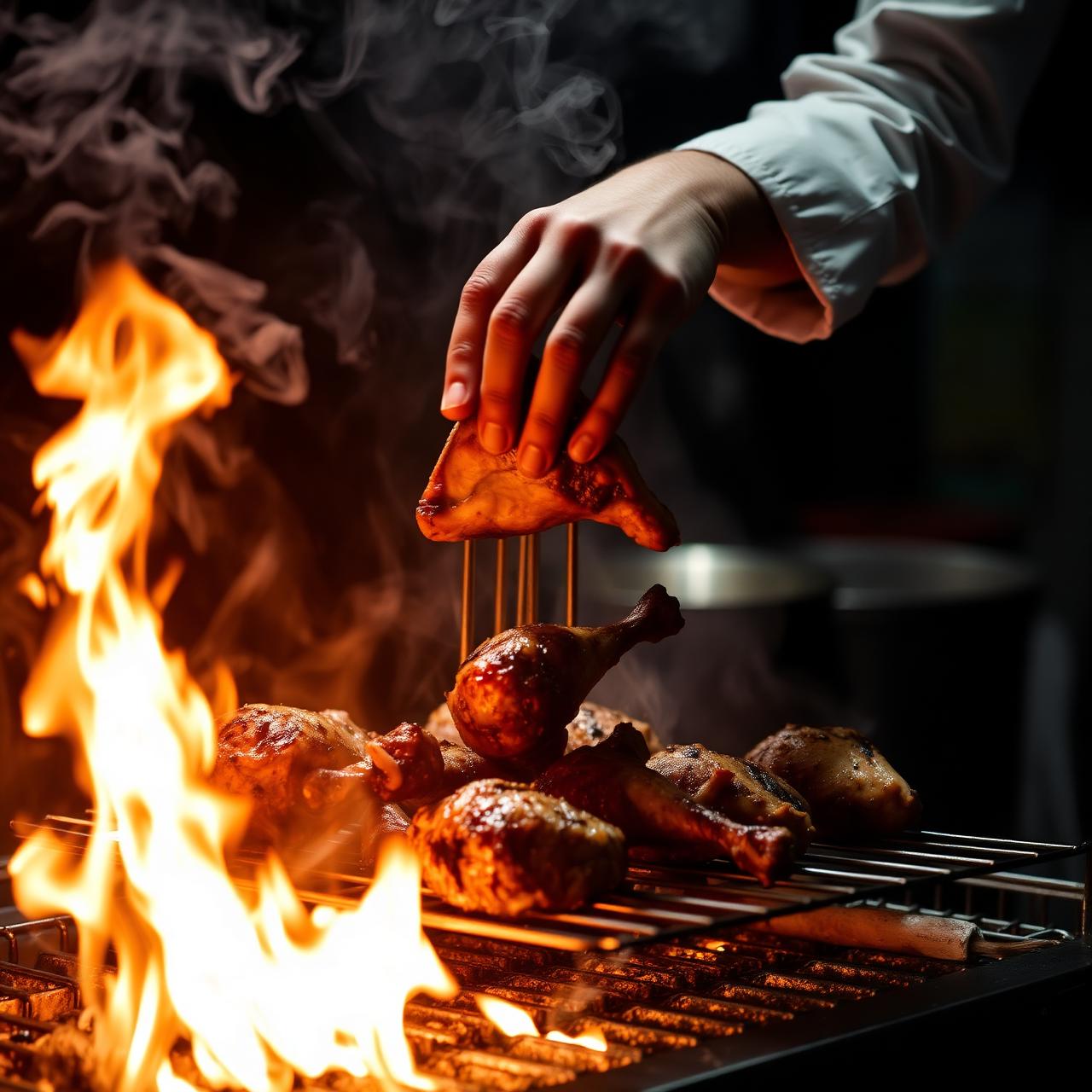 Chef cooking jerk chicken over open flames